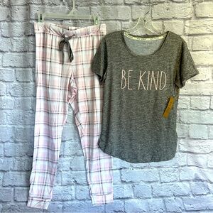 Rae Dunn Jewel Neck Jogger Lt Heather Grey Pale Porcelain Plaid 2pc NWT